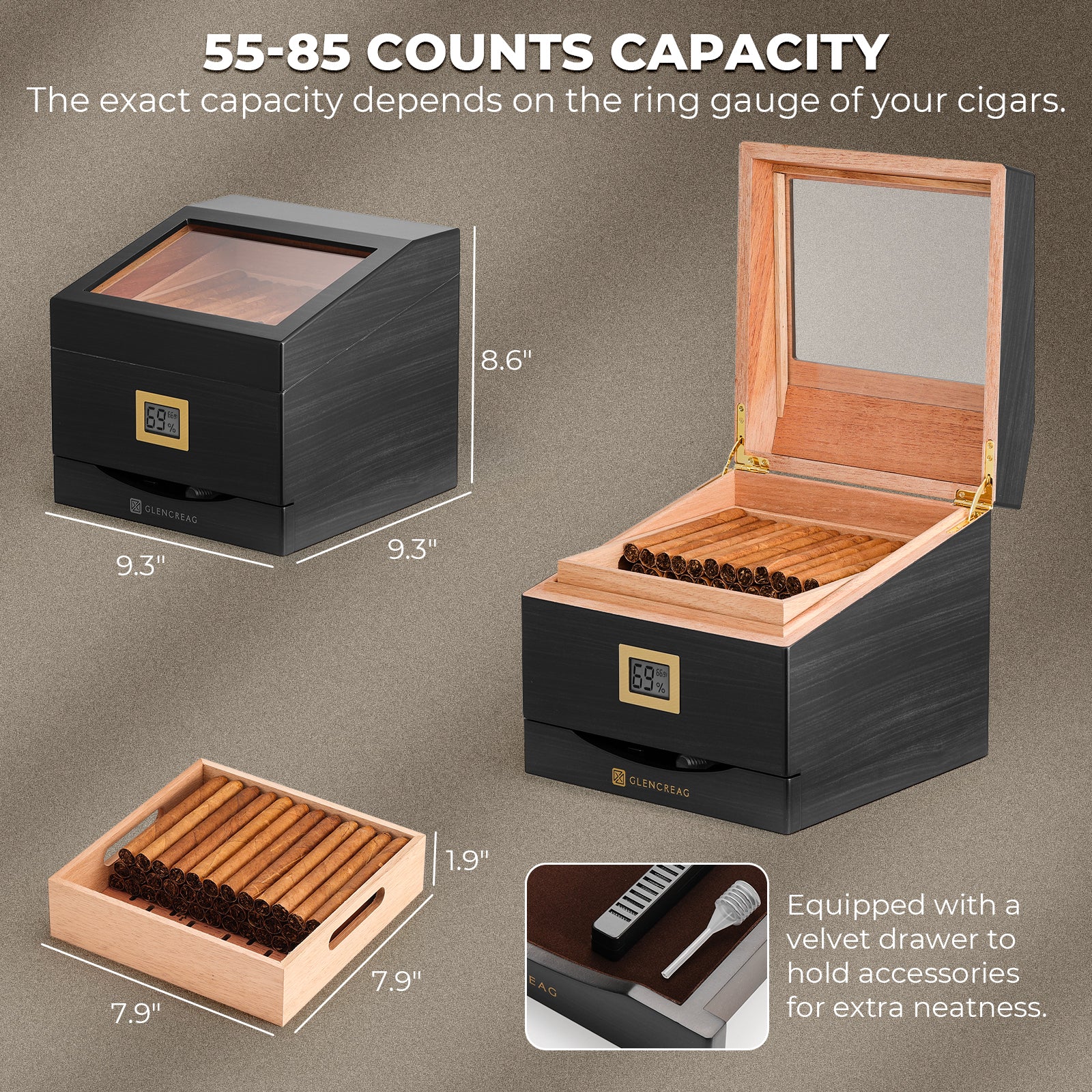 FT-2042 Classic Cigar Humidor Box, 85 Counts (Ebony) - Image 3